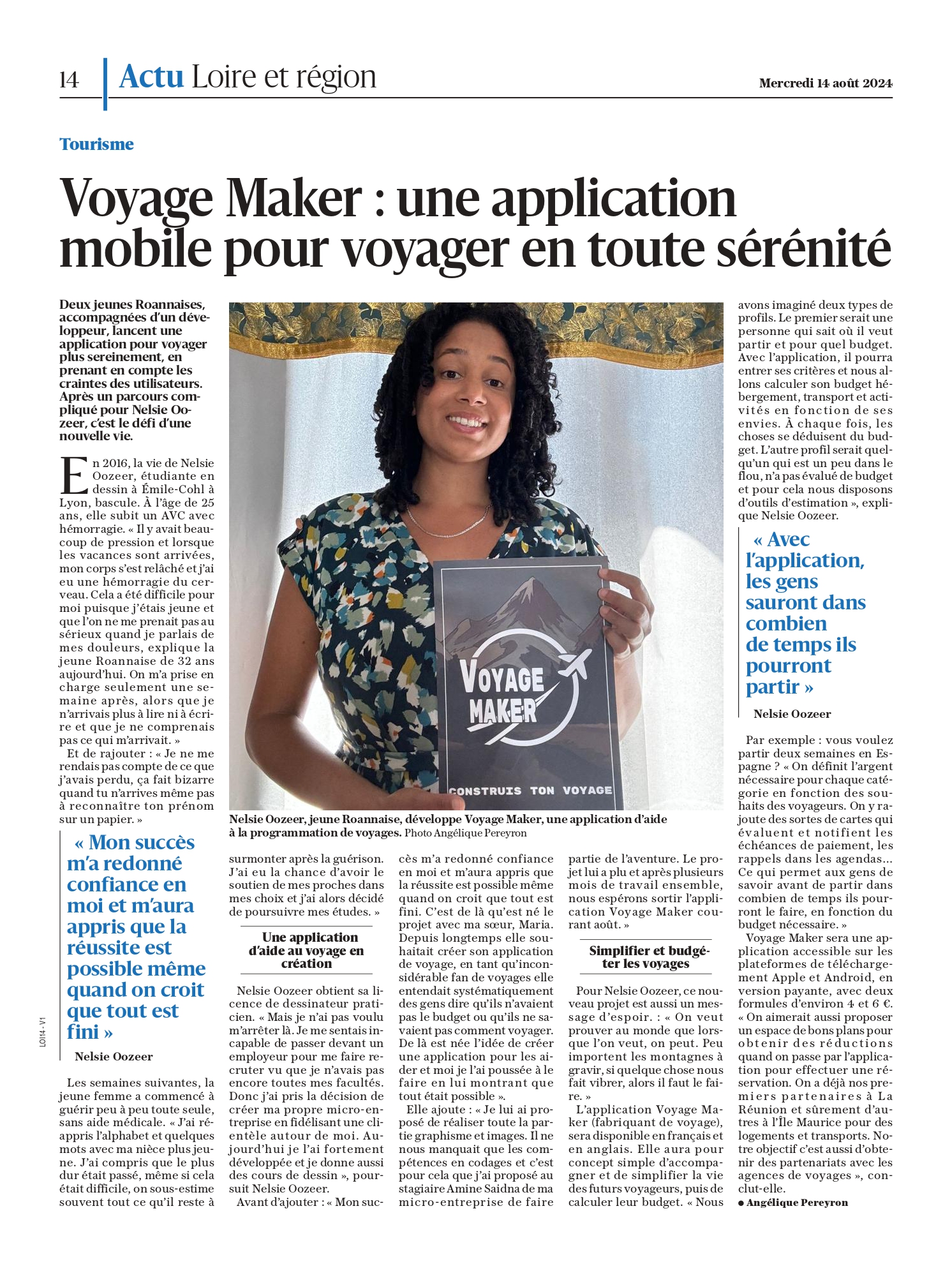 article le progrès_nelsie article le progrès sur la création de la Sas Amanel et l'application Voyage Maker. Au milieu une photo de Nelsie, designer UI/UX de l'équipe